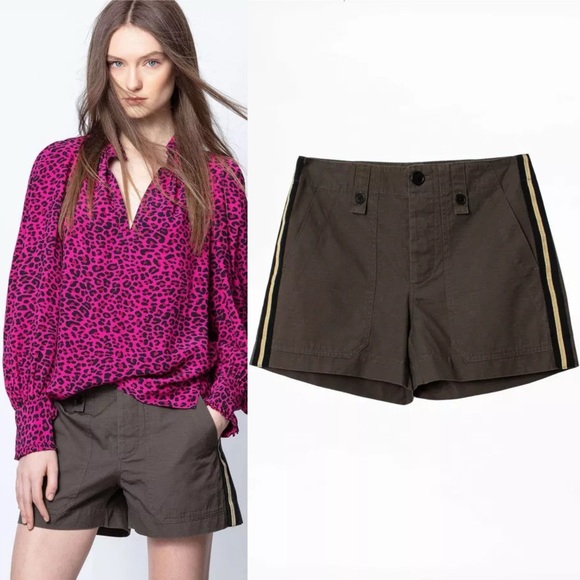 Zadig & Voltaire Step Mili Ebene Military Green Stripe Shorts - Picture 1 of 13